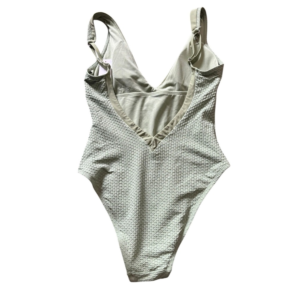 Sanctuary Swim Sashay Plunge One Piece Swimsuit Sage Green Metallic Textured S - Picture 9 of 13